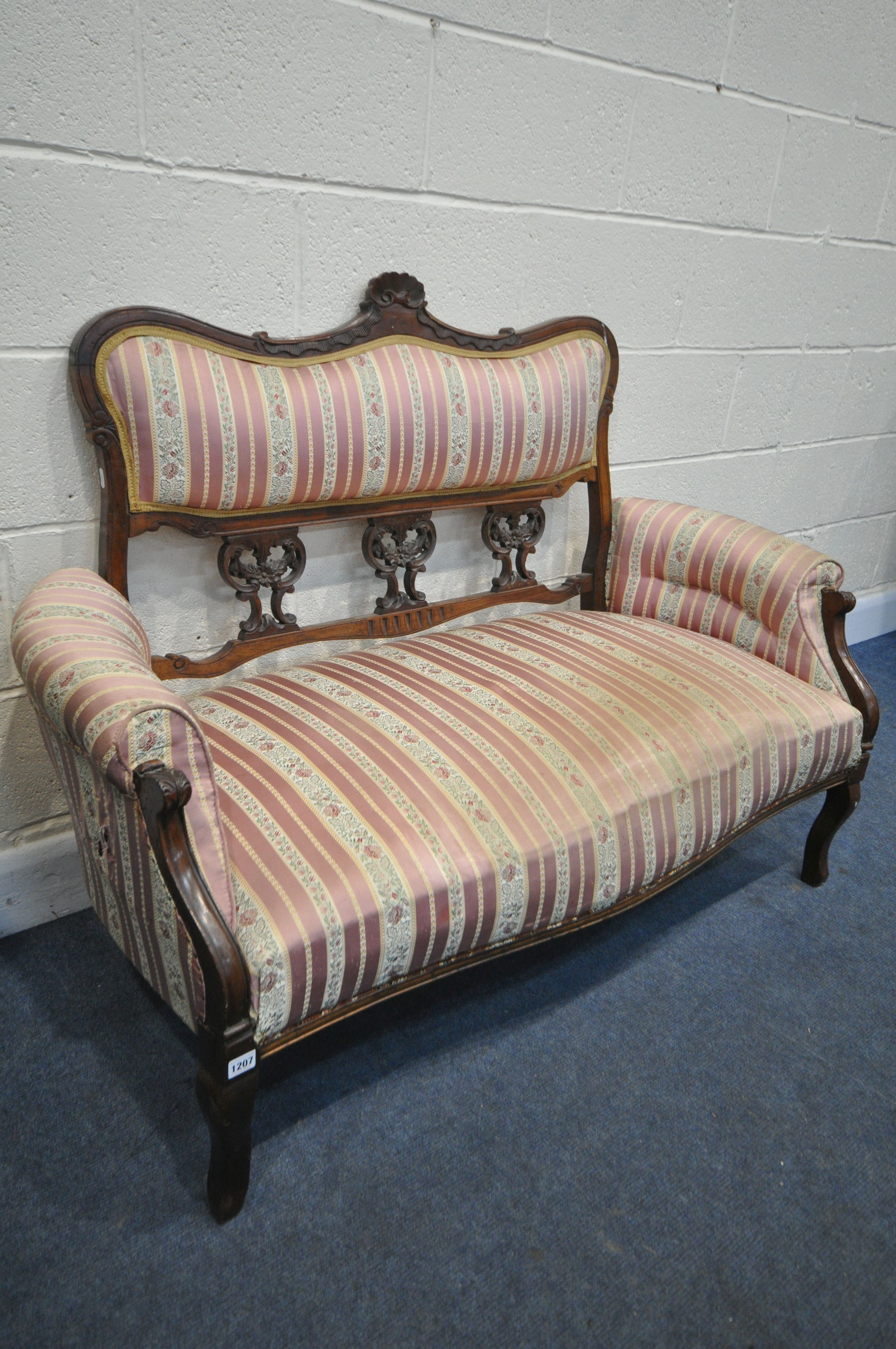 A 19TH CENTURY MAHOGANY SOFA, with carved open fretwork back, on stripped and floral upholstery, - Image 2 of 5