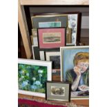 A BOX OF PAINTINGS AND PRINTS ETC, to include an unsigned oil on board portrait of a female