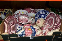 TWO BOXES OF RED AND WHITE DINNERWARES, to include five Royal Doulton 'Pomeroy' pattern soup