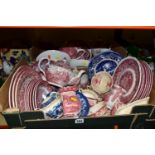 TWO BOXES OF RED AND WHITE DINNERWARES, to include five Royal Doulton 'Pomeroy' pattern soup