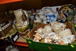 FOUR BOXES OF CERAMICS, SEASHELLS AND MARBLE CHESS SET, a mid-century West German jug 407, height