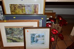A QUANTITY OF FRAMED PRINTS ETC, to include a Brian Eden signed landscape print, approximate size