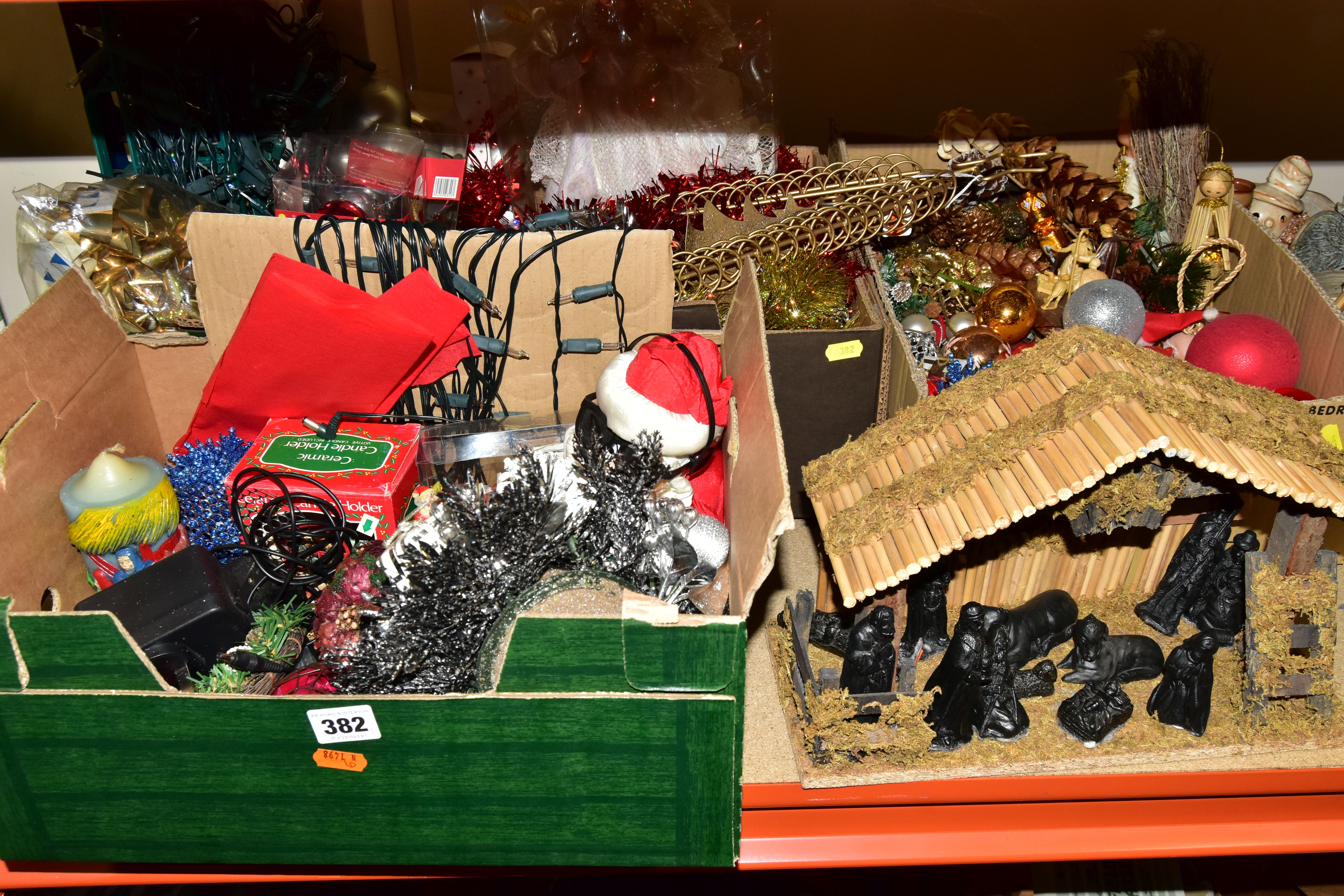 THREE BOXES OF CHRISTMAS DECORATIONS, to include a quantity of baubles, lights, a boxed Christmas