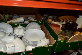 SIX BOXES OF CERAMICS AND GLASSWARE, to include an M&S 'Maxim' white dinner set, spice rack with