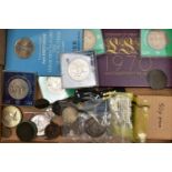 A SMALL BOX OF MIXED COINAGE, to include a small amount of silver content coins, 1820 George III