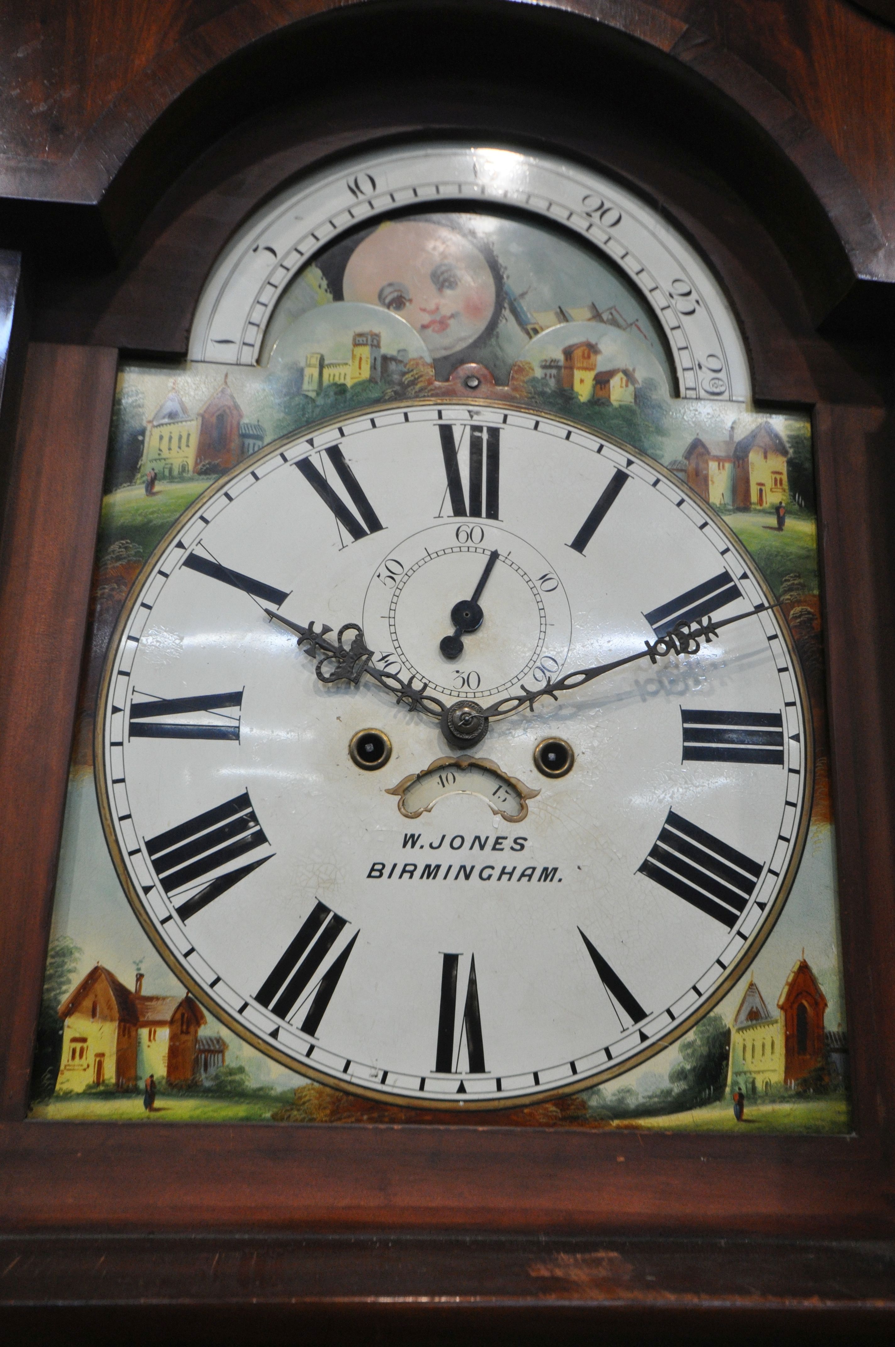 A GEORGIAN FLAME MAHOGANY EIGHT DAY LONGCASE CLOCK, the hood with a swan neck pediment, barley - Image 3 of 8