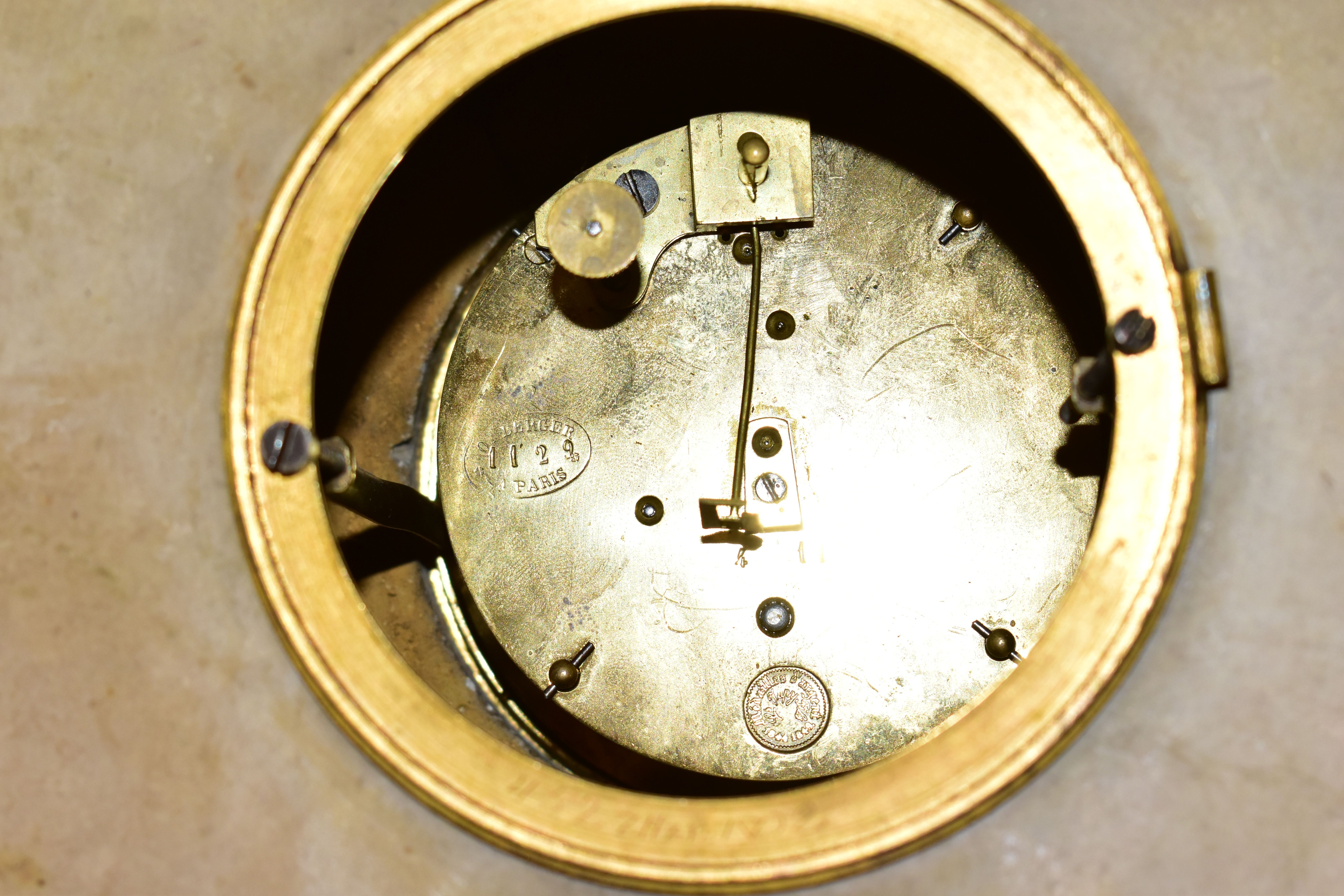 AN ART DECO MARBLE MANTLE CLOCK, the case of geometric fan design, with red and black marble and - Image 4 of 6