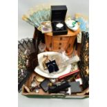 A BOX OF ASSORTED COSTUME JEWELLERY AND JEWELLERY BOXES, to include a light wooden multi storage
