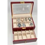 A WOODEN WATCH DISPLAY BOX WITH WATCHES, hinged top with viewing glass, also a pull out draw,