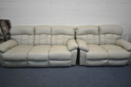 A CREAM LEATHER MANUAL RECLINER TWO PIECE LOUNGE SUITE, comprising a three seater settee, length