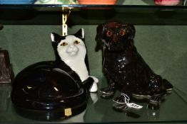 TWO CERAMIC PET FIGURES, comprising a Winstanley black Labrador, size 5, height 21cm, with orange