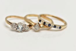 THREE 9CT YELLOW GOLD GEM SET AND DIAMOND RINGS, to include a diamond single stone ring, set with