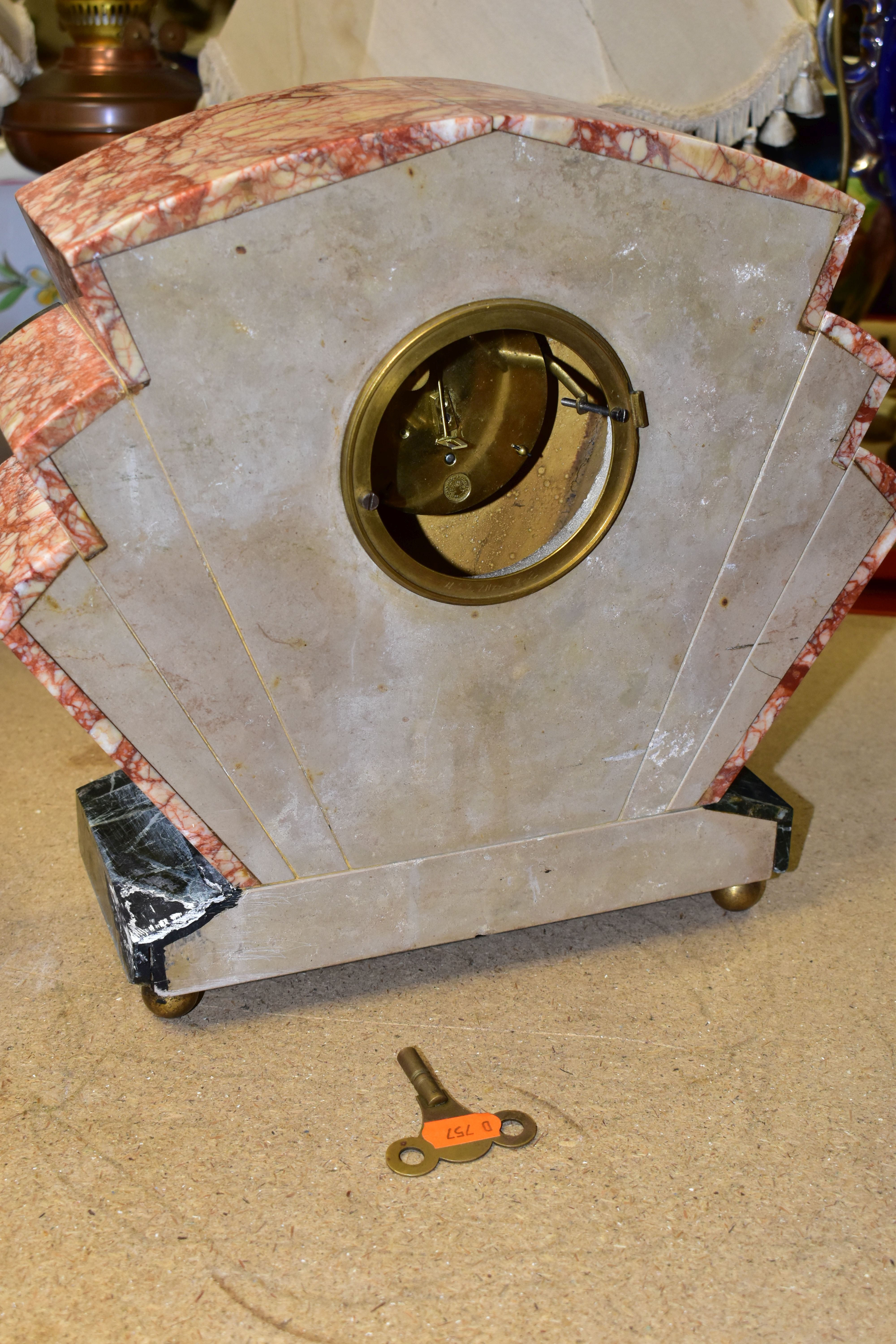 AN ART DECO MARBLE MANTLE CLOCK, the case of geometric fan design, with red and black marble and - Image 6 of 6