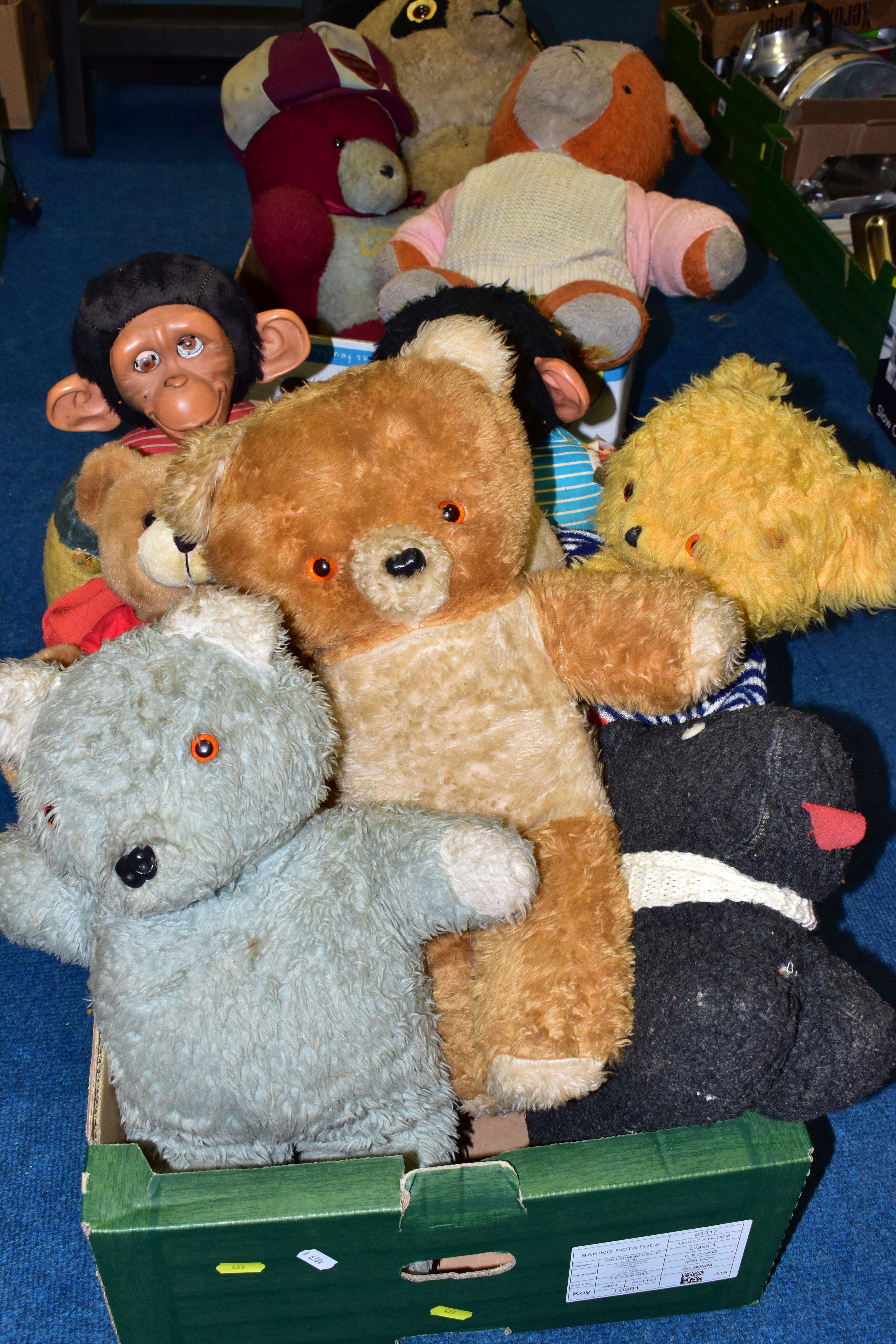 TWO BOXES OF SOFT TOYS, to include two chimpanzee examples, a Smurf, a West Ham United bear, panda - Image 4 of 4