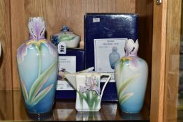 FOUR PIECES OF 'IRIS' PATTERN FRANZ PORCELAIN, comprising a boxed small vase FZ00304 height 18.