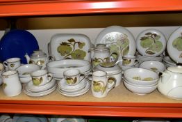 A LARGE QUANTITY OF VINTAGE DENBY LANGLEY TROUBADOUR STONEWARE, to include a teapot, coffee pot,