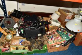 SIX BOXES OF MISCELLANEOUS SUNDRIES, to include an original set of used horse brasses, bit and