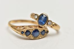 TWO 9CT YELLOW GOLD SAPPHIRE DRESS RINGS, to include a sapphire five stone ring with openwork