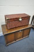 A PRIORY OAK BLANKET CHEST, width 96cm x depth 48cm x height 55cm, and a wicker chest (2)