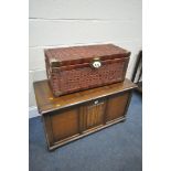 A PRIORY OAK BLANKET CHEST, width 96cm x depth 48cm x height 55cm, and a wicker chest (2)