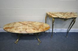 A BRASS AND ONYX OVAL COFFEE TABLE, length 123cm x depth 52cm x 47cm, and a similar demi lune hall