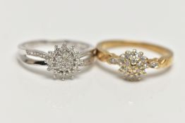 TWO 9CT GOLD DIAMOND CLUSTER RINGS, the first a white gold ring, set with a cluster of twelve