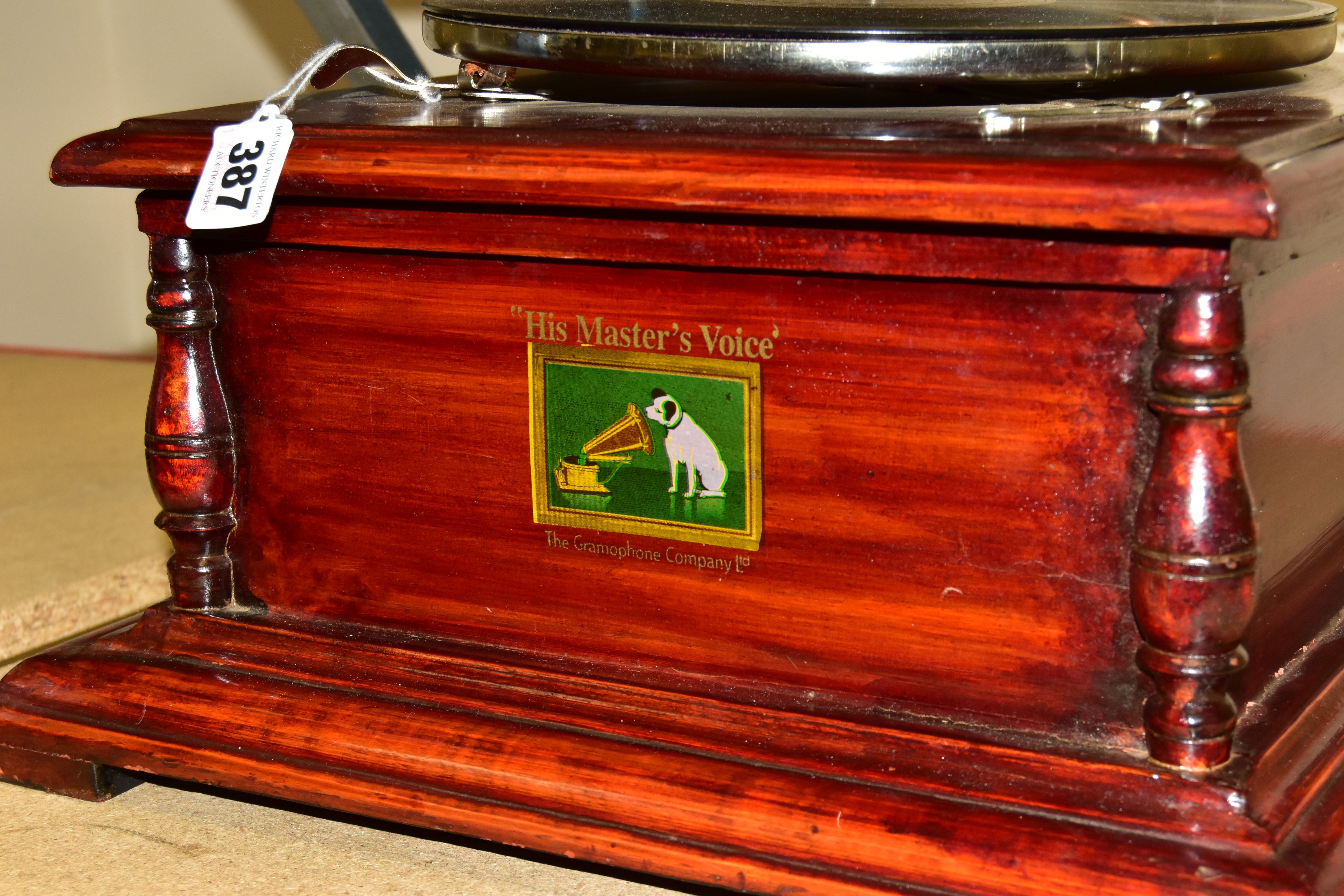 A REPRODUCTION 'HIS MASTER'S VOICE' GRAMOPHONE, wooden hinged base containing mechanism and - Image 2 of 4