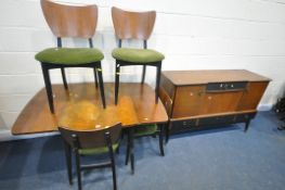 A MID CENTURY G PLAN TOLA AND BLACK AFROMOSIA TEAK DINING SUITE, comprising a drop leaf table,