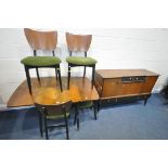 A MID CENTURY G PLAN TOLA AND BLACK AFROMOSIA TEAK DINING SUITE, comprising a drop leaf table,