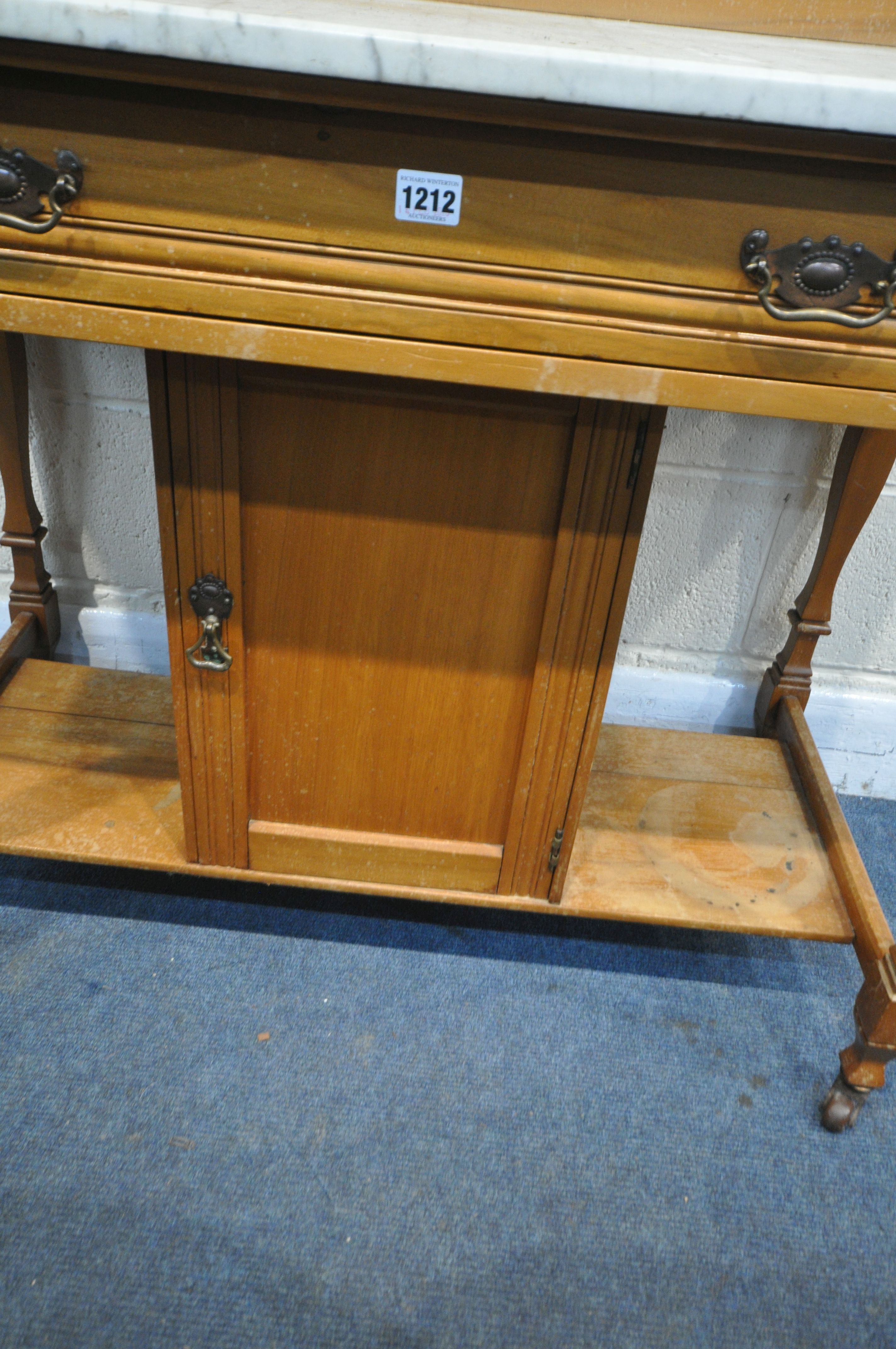 A SATINWOOD MARBLE TOP WASH STAND, with a tiled raised back, a single frieze drawer, above a - Image 5 of 5