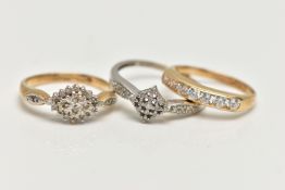 THREE 9CT GOLD RINGS, the first a 9ct white gold, diamond cluster ring, of a square form, set with