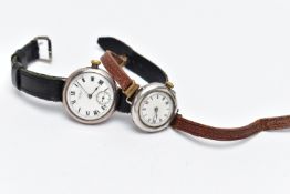 TWO EARLY 20TH CENTURY SILVER WRISTWATCHES, the first a manual wind 'WALTHAM U.S.A', watch, round