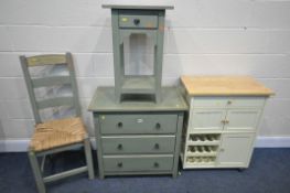 A GREEN PAINTED CHEST OF THREE DRAWERS, width 76cm x depth 45cm x height 76cm, a matching lamp