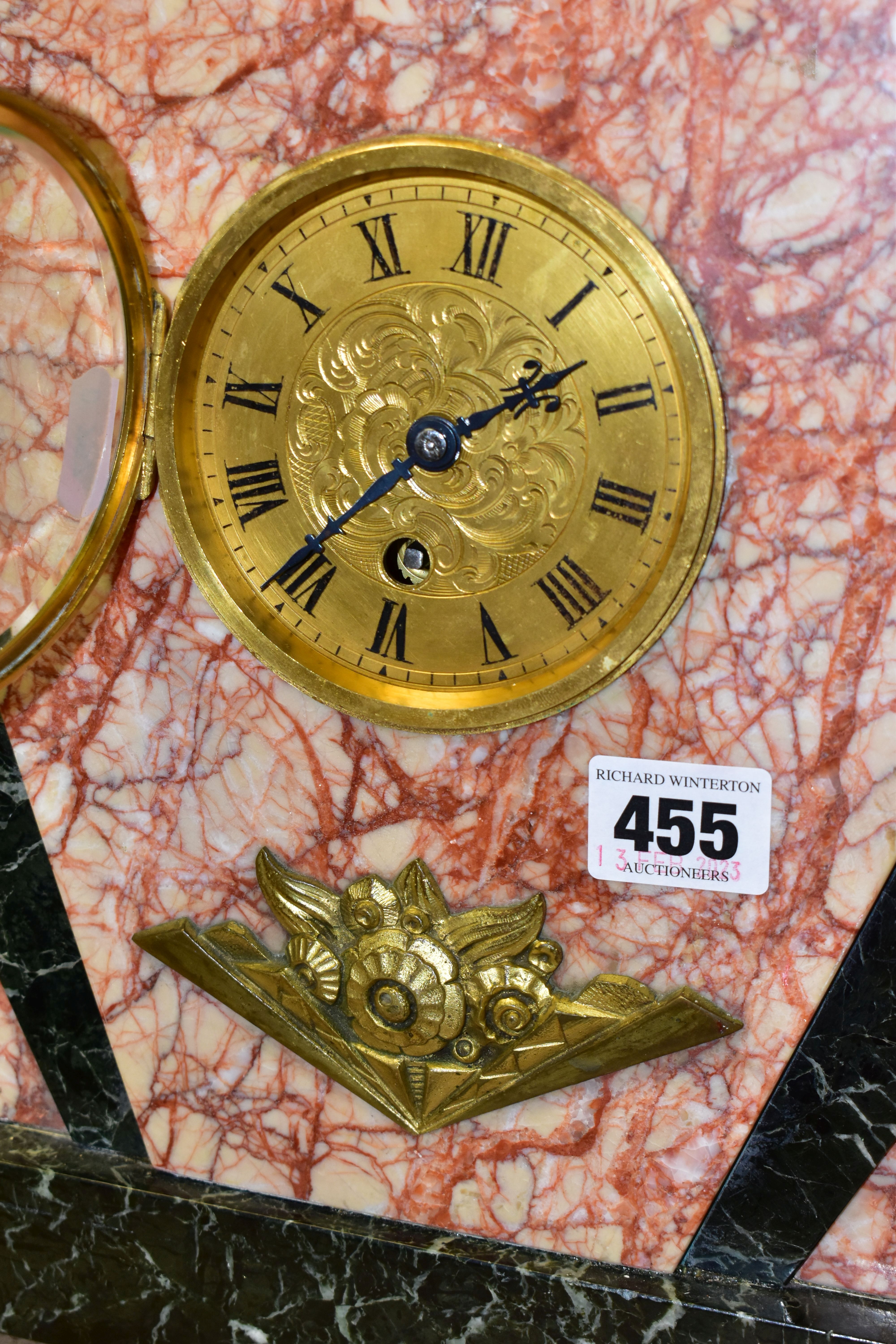 AN ART DECO MARBLE MANTLE CLOCK, the case of geometric fan design, with red and black marble and - Image 2 of 6