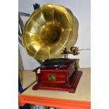 A REPRODUCTION 'HIS MASTER'S VOICE' GRAMOPHONE, wooden hinged base containing mechanism and