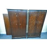 A STAG MINSTREL BEDROOM SUITE, comprising two double door wardrobes, one with a single drawer, width
