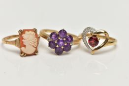 THREE 9CT GOLD GEM SET RINGS, the first a garnet and single cut diamond, openwork heart ring,