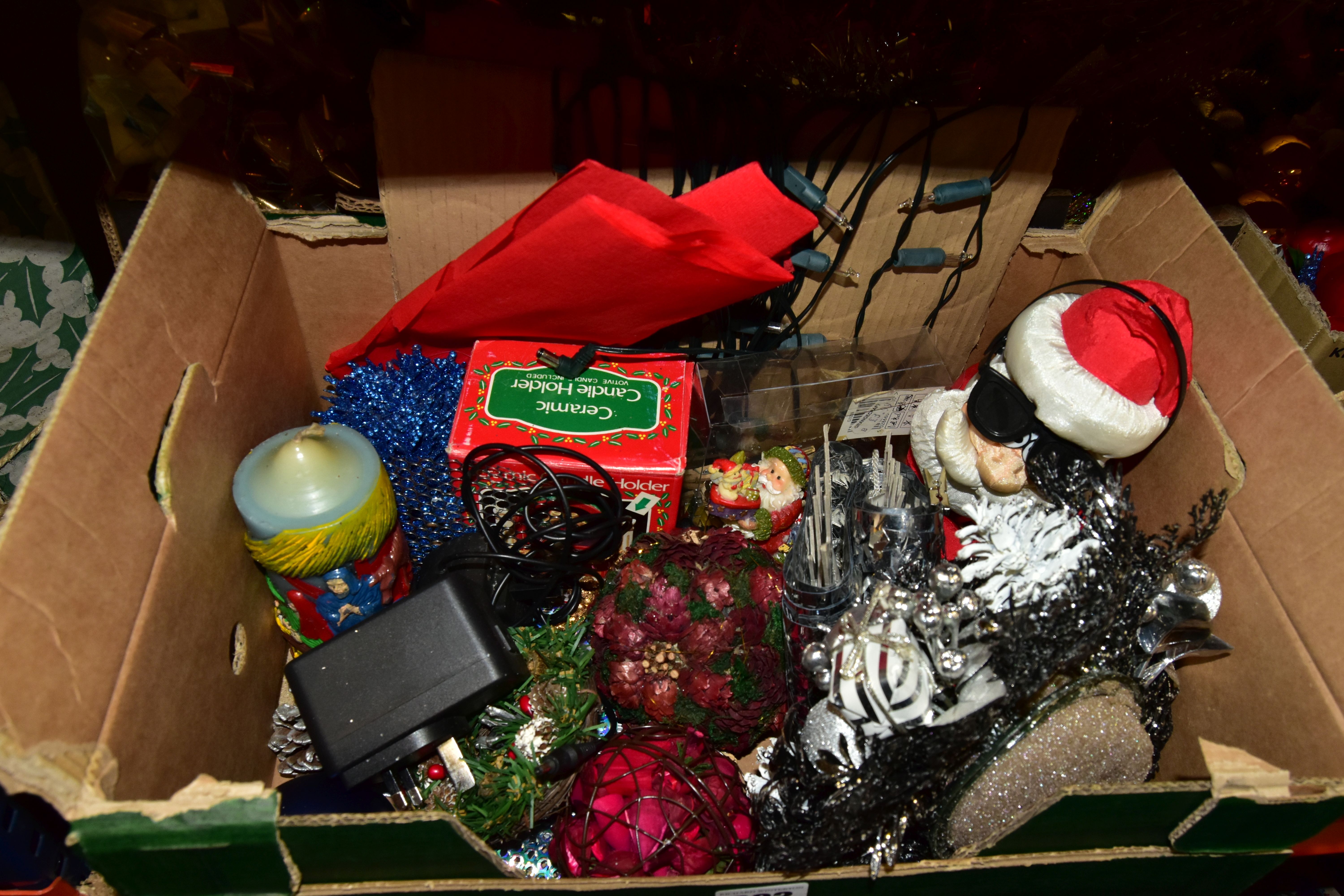 THREE BOXES OF CHRISTMAS DECORATIONS, to include a quantity of baubles, lights, a boxed Christmas - Image 3 of 5