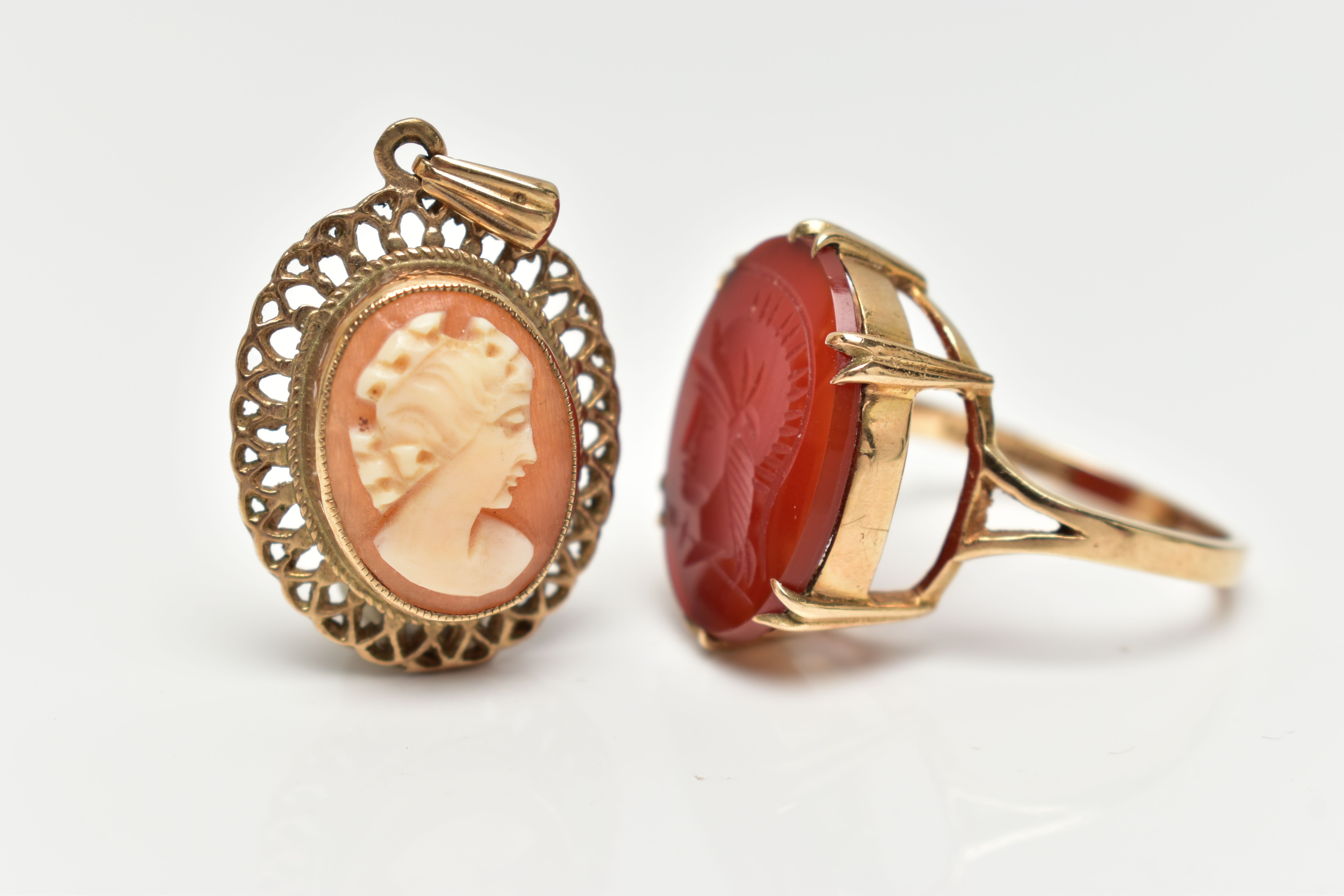 A 9CT GOLD, INTAGLIO RING AND A CAMEO PENDANT, the oval intaglio carnelian, double six claw set to - Image 2 of 3