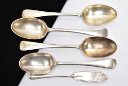 FOUR EARLY 20TH CENTURY, SILVER TABLESPOONS AND A BUTTER KNIFE, four old English pattern