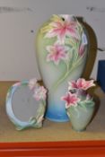 A GROUP OF FRANZ PORCELAIN, comprising 'Numerous Blessing Lily' photo frame, height 17cm, small vase