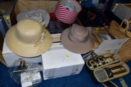 TWO BOXES AND LOOSE HANDBAGS, HATS, SHOES AND BOXED LIGHTING, to include a boxed vintage Webber hat,