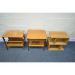 A MID CENTURY TEAK LAMP TABLE, a similar magazine rack, and a light oak shelving unit (condition:-