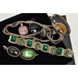 A COLLECTION OF SILVER AND WHITE METAL GEM SET JEWELLERY, to include a tiger's eye bangle, Swedish