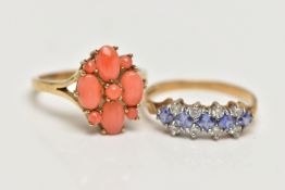 TWO 9CT GOLD GEM SET RINGS, the first of an oval form, set with four oval coral cabochons,