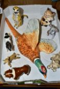 A BOX OF CERAMIC ANIMAL FIGURES, to include a Beswick no 661/1 flying Pheasant wall plaque length