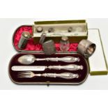 A VICTORIAN SILVER CHRISTENING SET AND OTHER SILVER ITEMS, a cased three piece cutlery set comprised