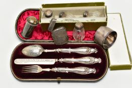 A VICTORIAN SILVER CHRISTENING SET AND OTHER SILVER ITEMS, a cased three piece cutlery set comprised