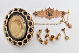 A VICTORIAN BROOCH, EARRINGS AND A MEMORIAL BROOCH, the brooch decorated with three blue sapphires