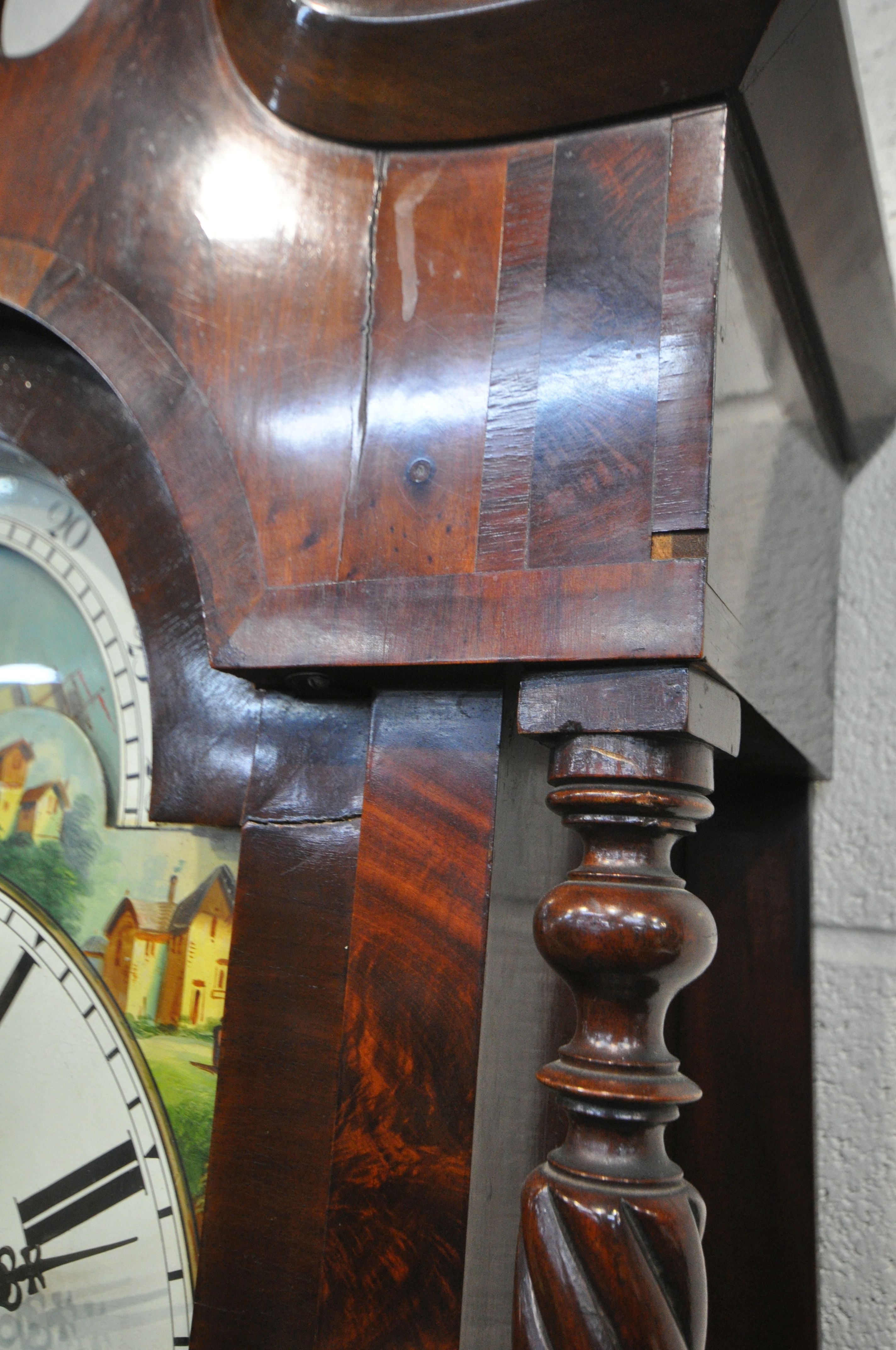 A GEORGIAN FLAME MAHOGANY EIGHT DAY LONGCASE CLOCK, the hood with a swan neck pediment, barley - Image 8 of 8